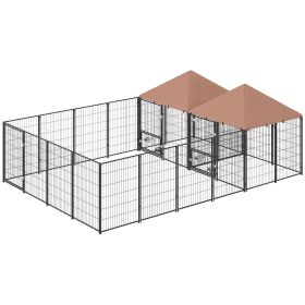 PawHut Large Outdoor Dog Kennel with 2 Rooms, Rotating & Adjustable Height Bowls, 13.5' x 9.4' x 5.1'